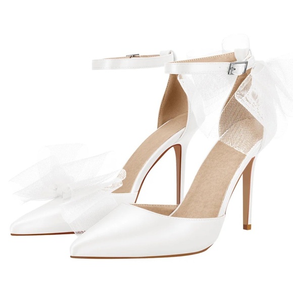 White Pointed Toe Asymmetrical Tulle Bow Stiletto High Heels - Picture 1 of 13
